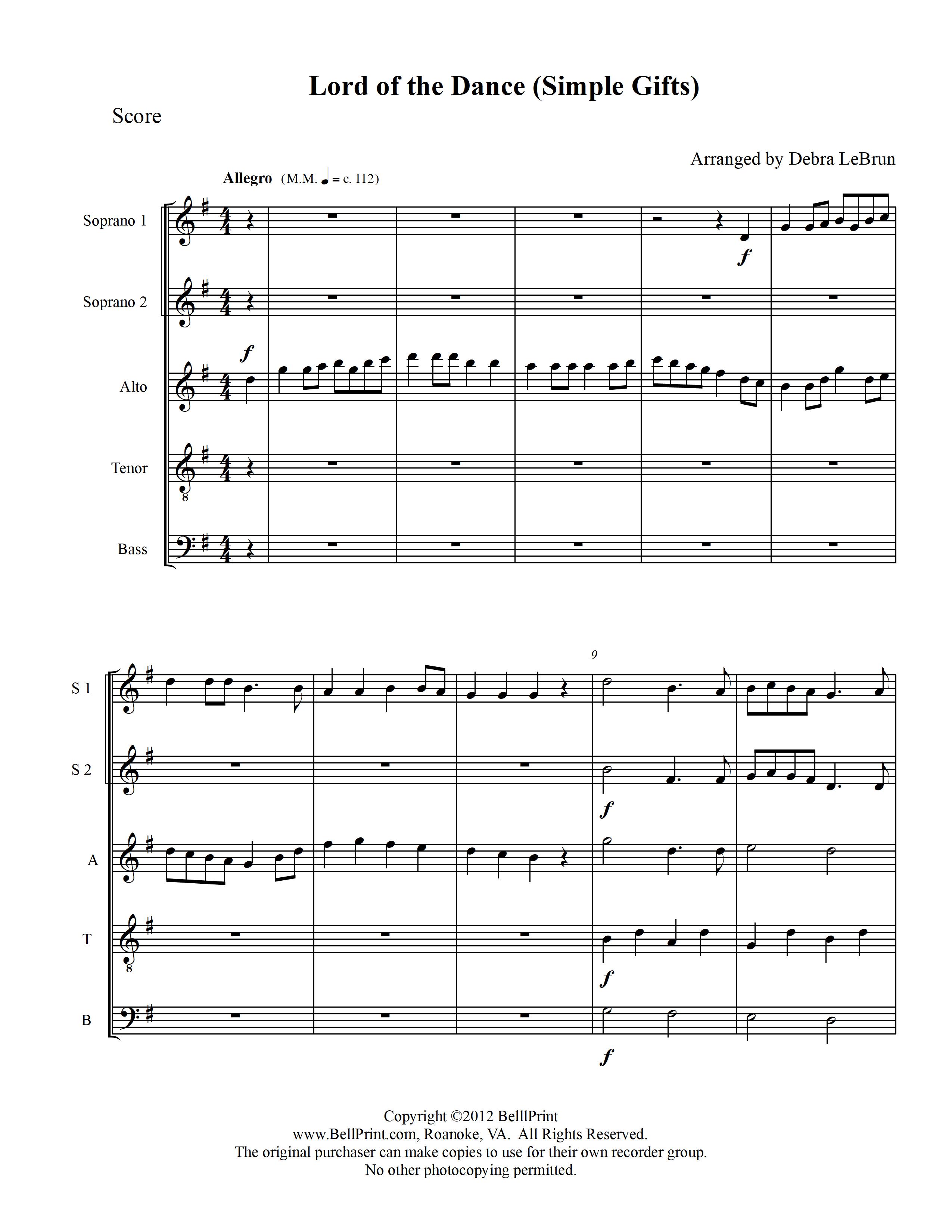 Lord of the Dance for Recorder Quintet